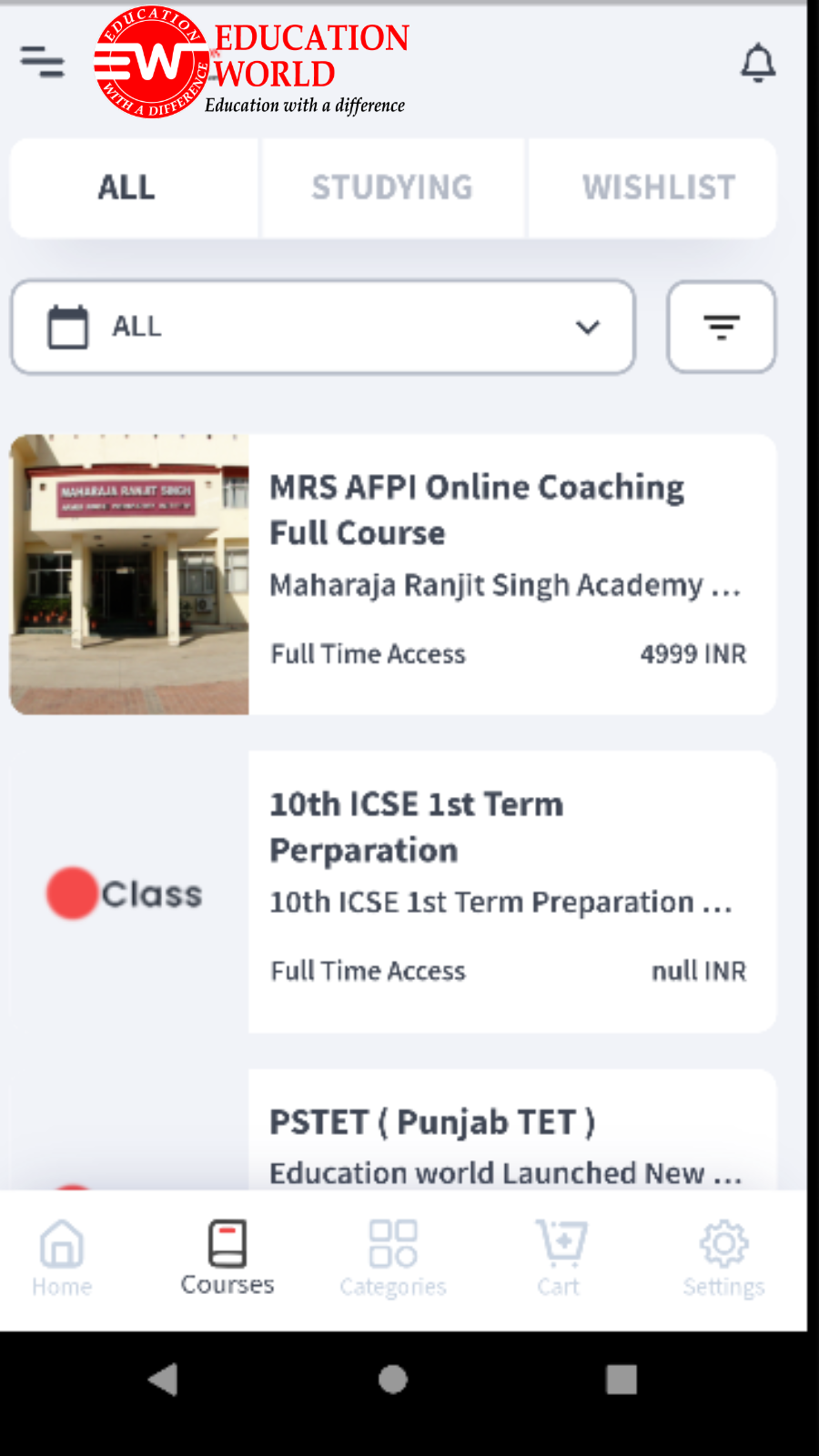 Education World Learning App course listing screenshot
